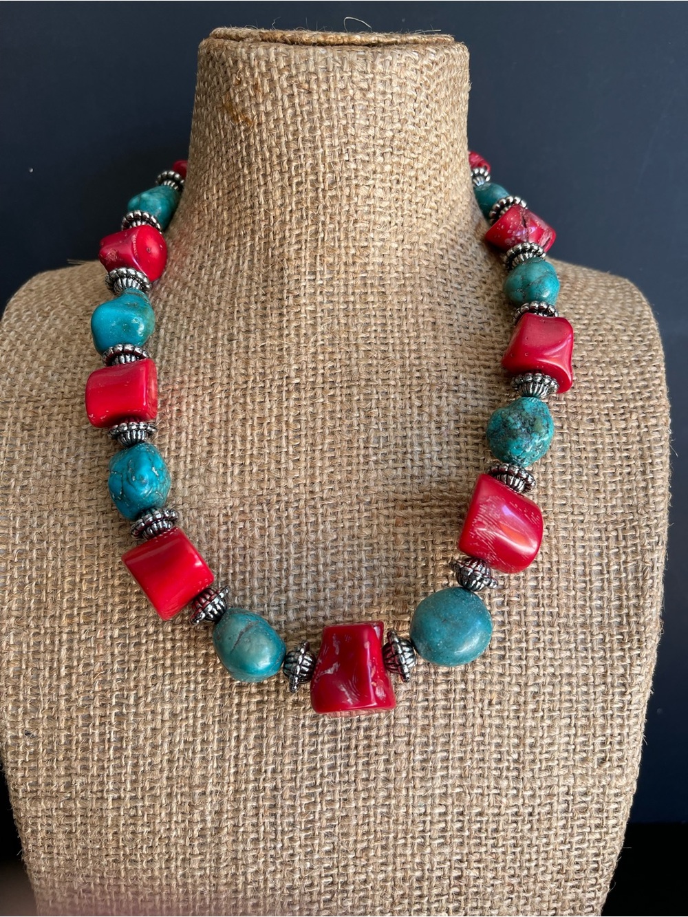 Genuine Turquoise and Red coral Beaded Statement Necklace